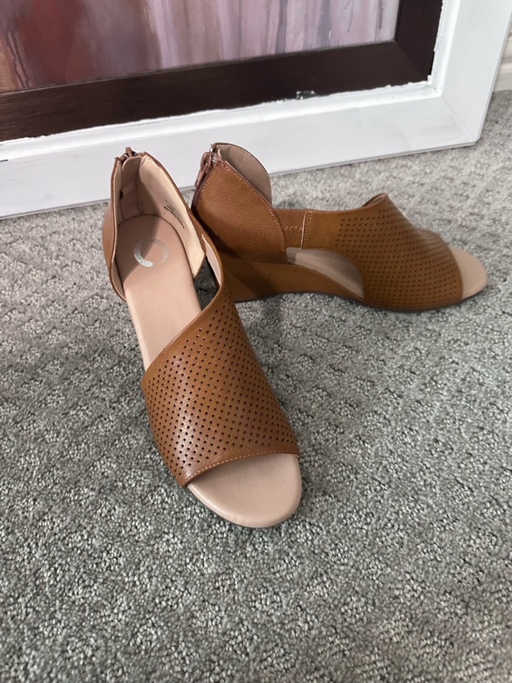 Journey Collection Aretha Wedge—Women's Tan Perforated Peep-Toe Sandals